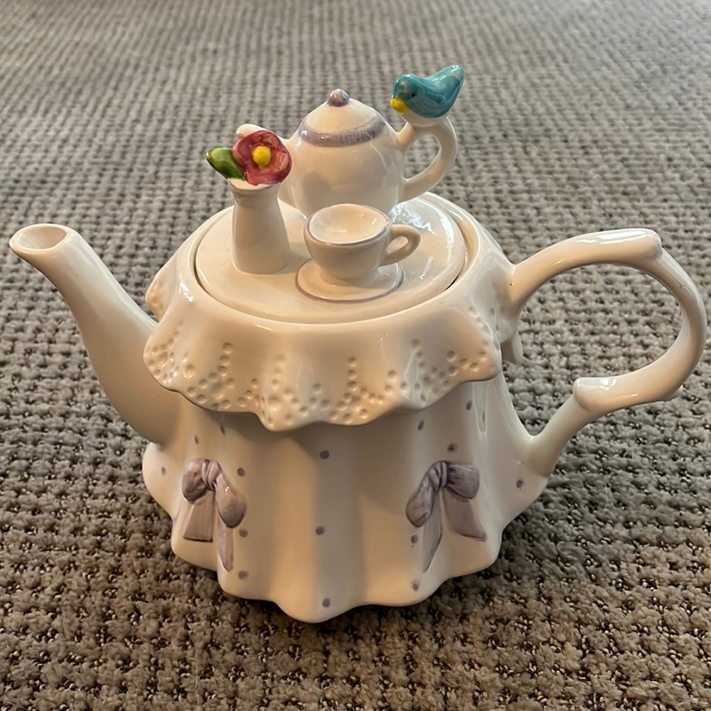 Vintage Whimsical White Ceramic Teapot with Teacup and Blue Bird & Floral Accent